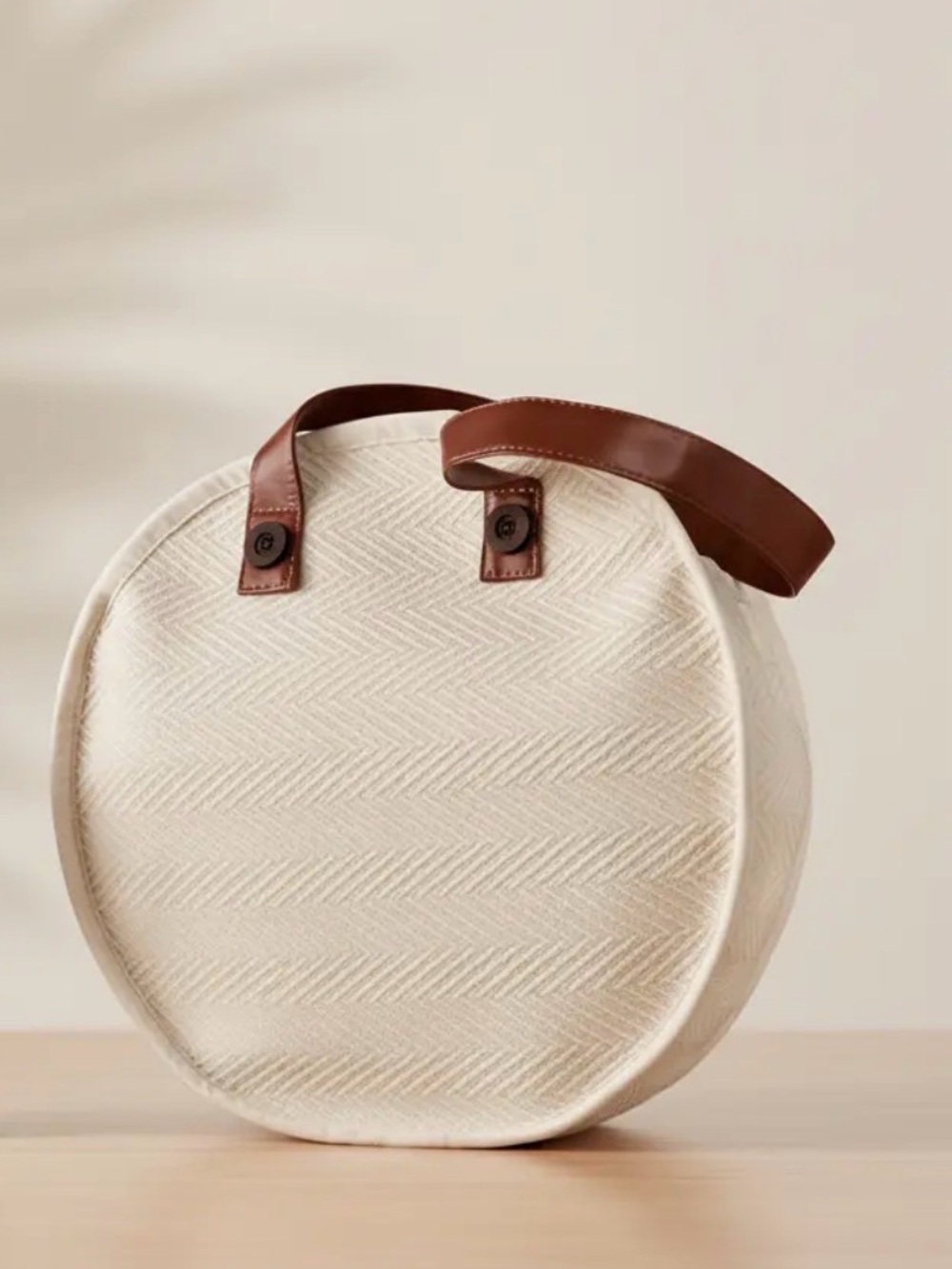 Round Cream Tote with Brown Handles - Casual Women’s Shoulder Bag - Picture 4 of 8